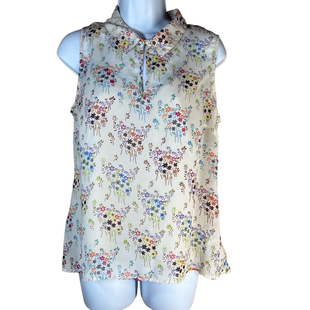 Cabi Cream‎ Floral Print Collared Keyhole Front Sleeveless Blouse Small